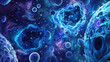 Abstract painting featuring various sized blue and purple bubbles against a neutral background