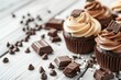 Delicious chocolate cupcakes with creamy frosting and chocolate chips. Perfect for bakery or dessert concepts