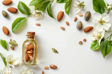 Poster - Bottle of almond oil surrounded by almonds and flowers, perfect for beauty and wellness concepts