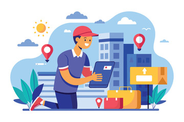 Poster - a man wearing a red hat is holding a tablet device, place an order with an express delivery service 