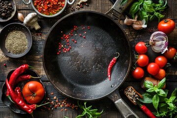 Aufkleber - A variety of foods cooked in a frying pan, perfect for food blogs or recipe websites
