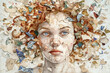 Painting of a womans face in the center, surrounded by shards of broken glass. The shattered pieces reflect light, creating an intense and fragmented image
