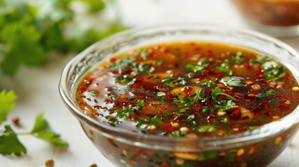 Aufkleber - A bowl filled with a mixture of sauce and herbs. Perfect for food and cooking concepts