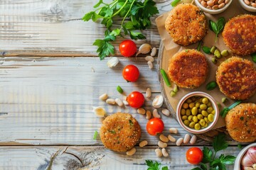Poster - A collection of different types of food displayed on a wooden table. Suitable for food blogs or restaurant menus