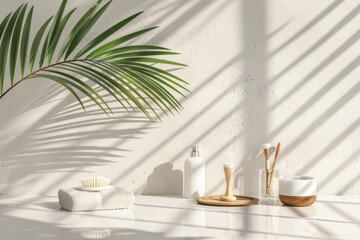 Poster - A bathroom counter with palm leaf, toothbrushes, and soap. Ideal for bathroom product advertisements
