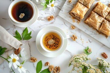 Poster - A cup of tea next to a plate of food. Ideal for food and beverage concepts