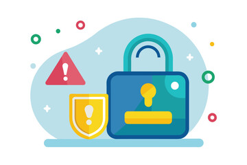 Poster - A lock and a shield with a question mark, symbolizing uncertainty and security vulnerability, privacy alert is not secure, Simple and minimalist flat Vector Illustration