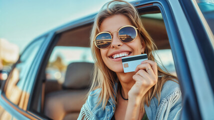 a beautiful young woman shows a credit card and smiles