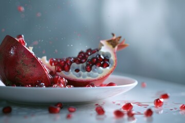 Wall Mural - Fresh pomegranate cut in half, perfect for food blogs or recipe websites