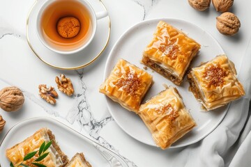 Poster - A white plate filled with various food items next to a cup of tea. Ideal for food and beverage concepts
