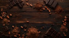 Cocoa Powder, Beans And Chocolate Bar Pieces On Dark Wooden Background