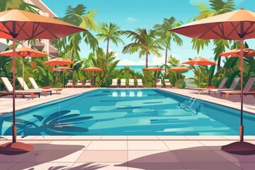 Poster - A swimming pool with lounge chairs and umbrellas, perfect for travel and leisure concepts