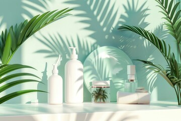 Poster - A shelf with a mirror, bottles, and towels. Perfect for bathroom decor ideas