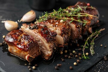 Poster - A piece of meat with herbs and spices on a black plate. Ideal for food and cooking concepts