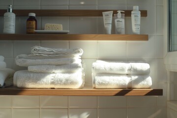 Poster - A bathroom shelf with neatly folded towels and various soaps. Ideal for bathroom and spa concepts