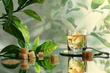 Poster - A glass of tea and sugar cubes on a table. Perfect for food and beverage concepts