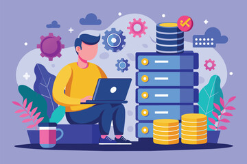 Poster - a man sitting on a pile of stacks of coins, working on a laptop computer, programmer maintenance big