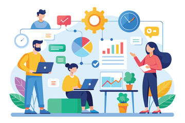 Wall Mural - Group of People at Table With Laptops, project management, business processes and planning problem solutions teamwork, Simple and minimalist flat Vector Illustration