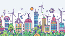 Vector Horizontal Line Art Illustration Of Eco City
