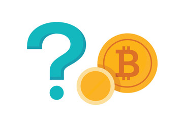 Poster - a single bitcoin symbol next to a question mark, set against a plain white background, question bitc