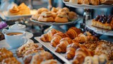 Set of coffee break in the hotel during conference meeting, with tea and coffee catering, decorated catering banquet table with variety of different pastry and bakery, with croissants cookies