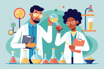 Poster - A couple of people in lab coats examining and holding beaks in a scientific setting, Researchers are examining Erlenmeyer flasks, Simple and minimalist flat Vector Illustration
