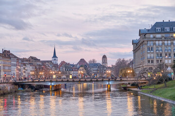 Alsace, December: view of Old city center of Strasbourg town with colorful houses.