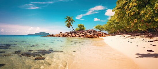 Poster - Sandy tropical beach with island on background