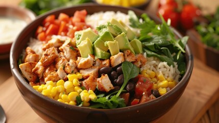 Wall Mural - Delicious lunch awaits with a homemade Mexican chicken burrito bowl brimming with rice beans corn tomato avocado and spinach Dive into a satisfying taco salad lunch bowl