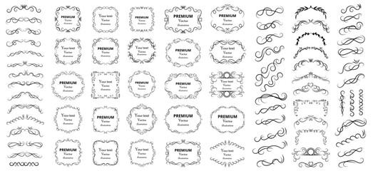 Wall Mural - Big set of vector graphic elements for design. Decorative swirls or scrolls, vintage frames , flourishes, labels and dividers. Retro vector illustration