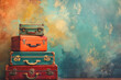 Stack of vintage suitcases on bright background. Generative AI