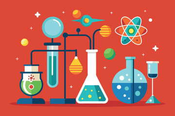 Poster - Various types of flasks arranged on a vibrant red background in a scientific setting, Science, Simple and minimalist flat Vector Illustration