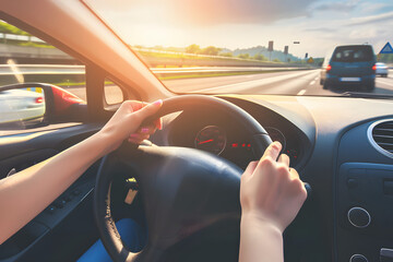 Hands holding on steering wheel while driving