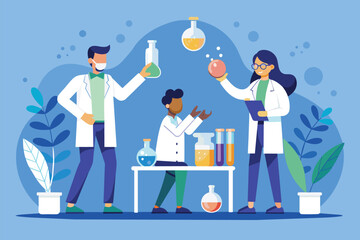 Poster - A team of scientists in lab coats conducting experiments and discussing results around a table, scientists test drugs, Simple and minimalist flat Vector Illustration