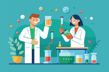 Poster - A man and a woman in lab coats are holding a beaker and a beakle, potentially conducting experiments or research, scientists test drugs, Simple and minimalist flat Vector Illustration