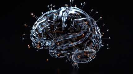 Sticker - Abstract illustration of a metallic brain with glowing connections symbolizing ai and cognition