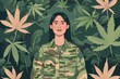 Military woman and cannabis. Veteran soldier treats psychological disorder PTSD using medical marijuana. Concept for medical marijuana to treat PTSD in the military