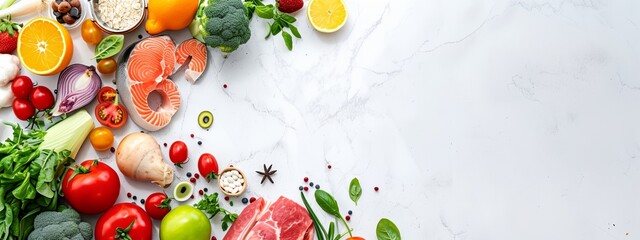 a variety of fruits and vegetables are arranged on a white surface