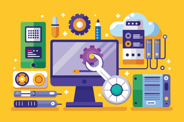 Poster - a wrench placed on top of a computer screen, symbolizing hardware maintenance and repair, service ha