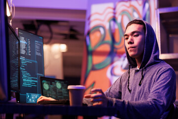 Wall Mural - Asian hacker drinking coffee to go and hacking computer network system. Internet criminal in hood taking paper mug while coding illegal malicious software and breaking law