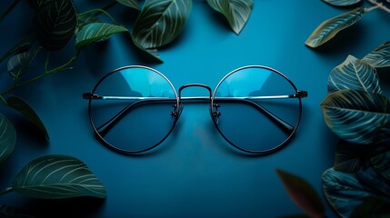 a pair of blue tinted glasses on a blue background with leaves around it