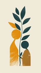 an abstract illustration of two figures integrated within a stylized plant form