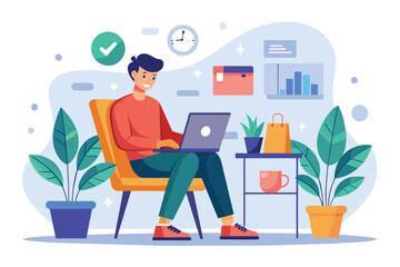 Poster - A man sitting in a chair using a laptop for online shopping, S man sitting on a chair is shopping online using a laptop, Simple and minimalist flat Vector Illustration