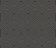 Modern vector geometric seamless pattern with thin lines, hexagon grid, quirky stripes. Black and white abstract background. Simple minimal linear texture. Dark repeated design for print, wallpaper
