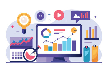 Poster - Computer Screen With Magnifying Glass, social media data center, smm stats, digital marketing research, market trends analysis,