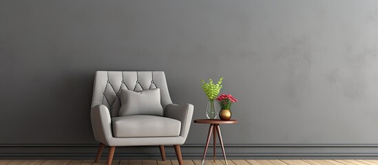 Wall Mural - Furniture pieces in a greywalled living room chair, table, plant