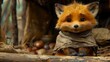 Carnivorous fox with whiskers sits on a log wearing a scarf