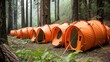 Row of Orange Tents Amidst Forest