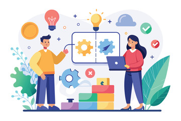 Poster - A man and a woman are closely examining data on a computer screen in a startup business setting, startup business analysis with puzzles, Simple and minimalist flat Vector Illustration