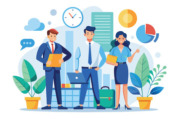 Sticker - A gathering of business management company workers standing together in a group outdoors, stock business management company workers, Simple and minimalist flat Vector Illustration